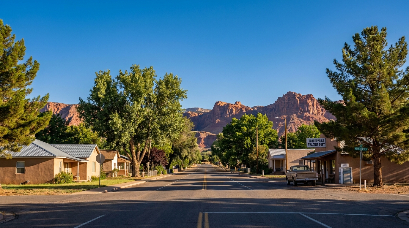 Main street view of Toquerville, Utah with red rock mesas in background, showing the small town's proximity to natural Southern Utah landscape