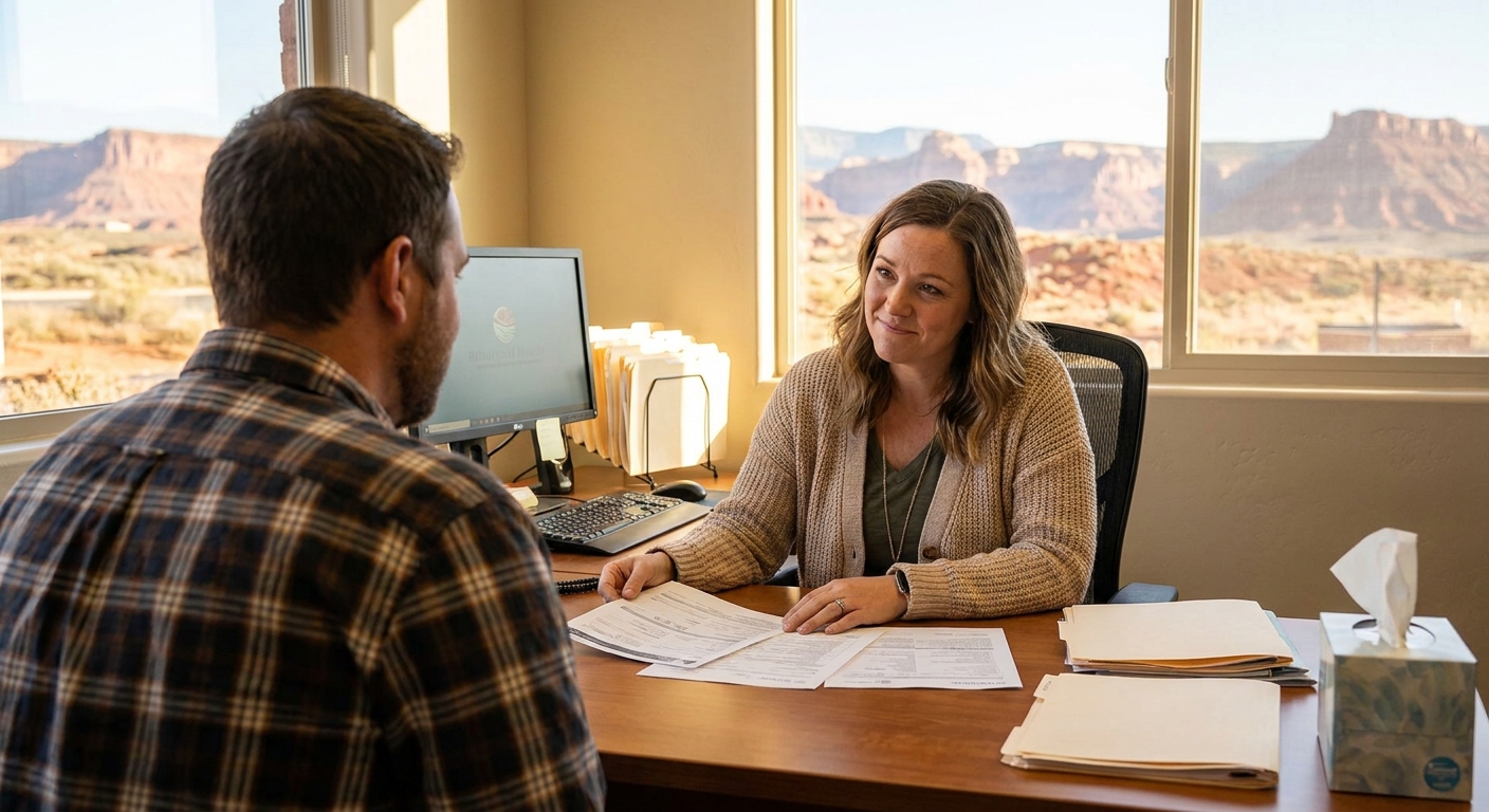 Admissions coordinator reviewing insurance benefits and treatment costs with family member at Lions Gate Rehab in St. George, Utah
