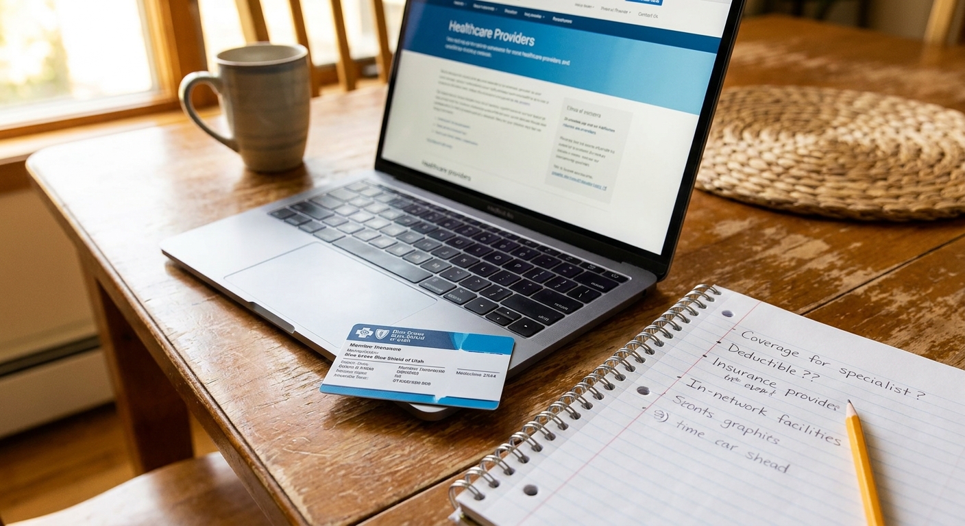 Blue Cross Blue Shield insurance card on desk with laptop and notes during benefits verification research