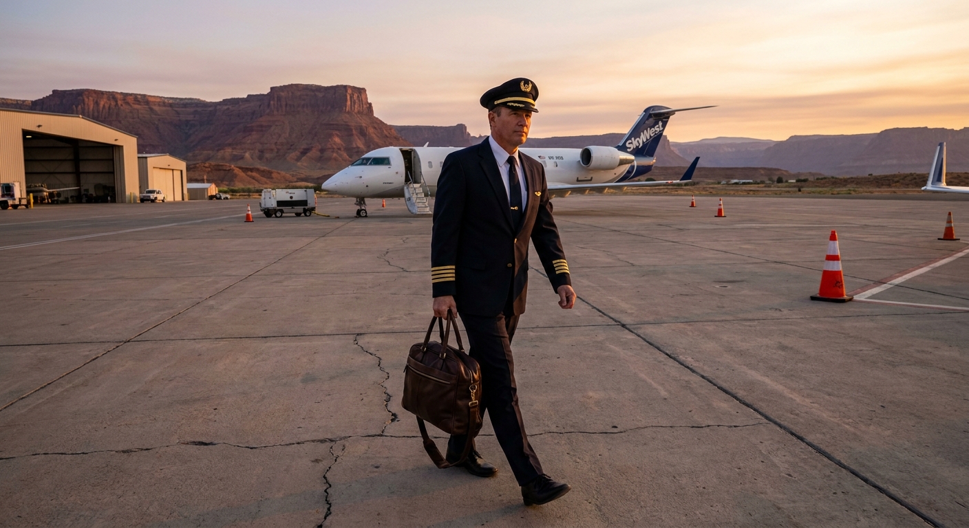 Commercial pilot in uniform walking across airport tarmac at sunrise with aircraft and Utah red rock landscape in background