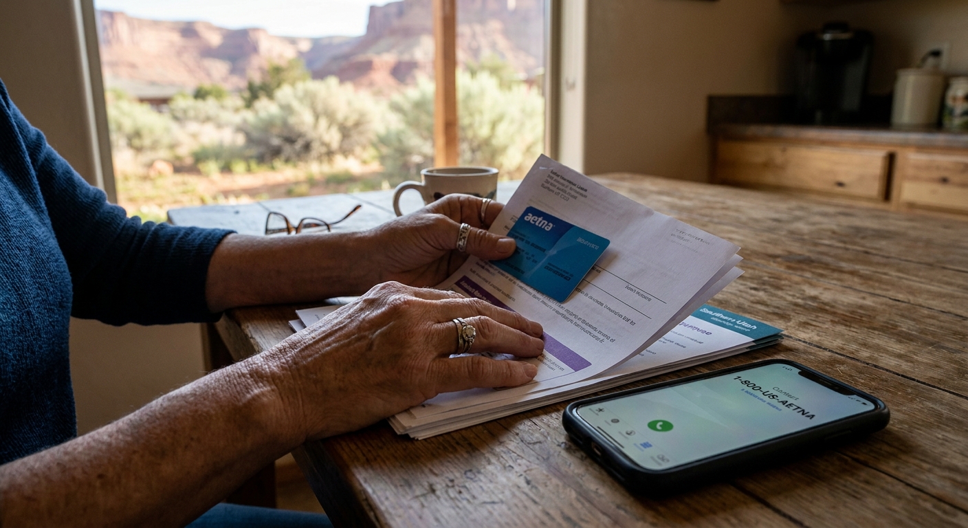 Person reviewing Aetna insurance card and benefit documents while preparing to call about addiction treatment coverage