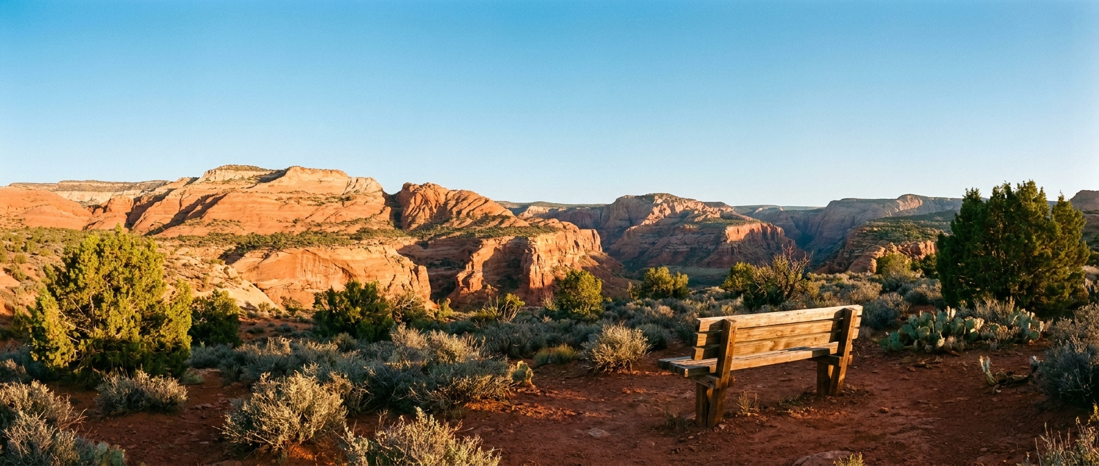 A wooden bench on a desert trail facing red rock formations in St. George, Utah, representing the Southern Utah setting where Lions Gate Rehab provides transparent addiction treatment pricing