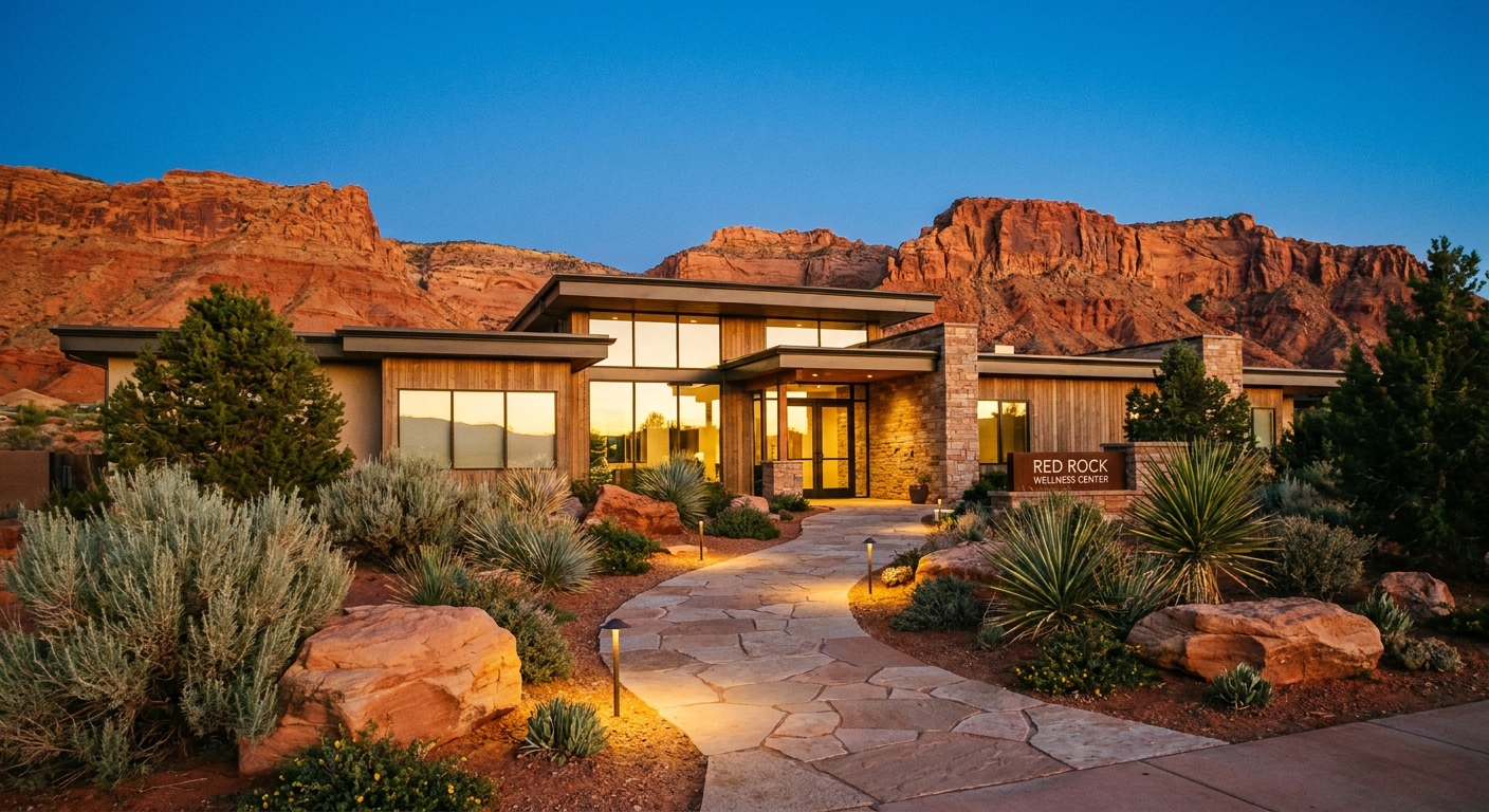 Lions Gate Rehab residential treatment facility exterior in Toquerville near St. George, Utah with red rock formations in background