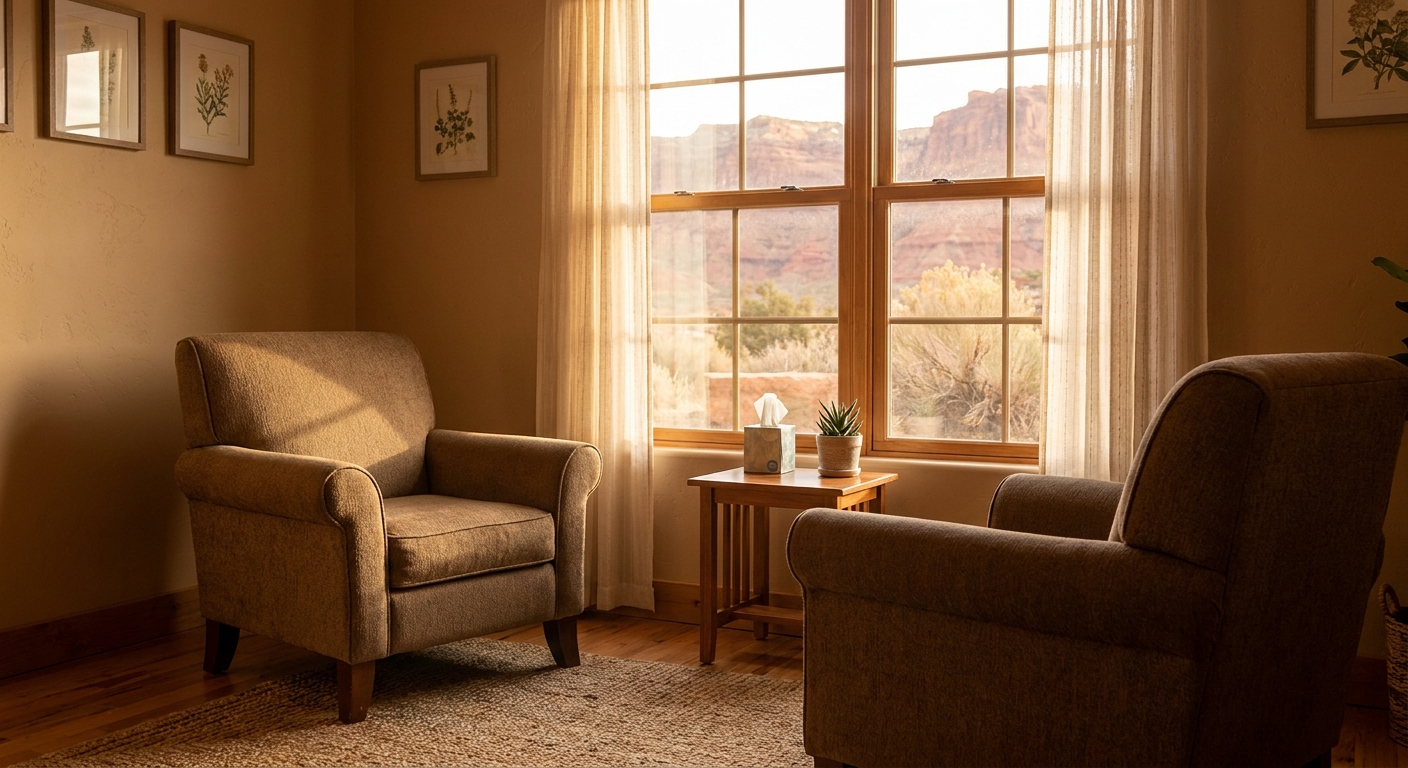 Quiet counseling room with two chairs positioned near a window overlooking southern Utah landscape, representing the integrated psychiatric and addiction treatment setting at Lions Gate Rehab in St. George