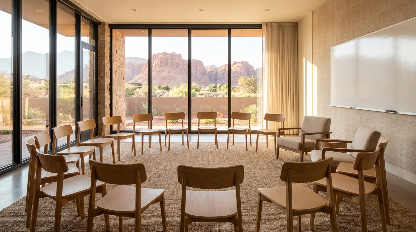 Empty group therapy room with circle of chairs and St. George Utah red rock landscape visible through windows, representing day treatment PHP setting at Lions Gate Rehab
