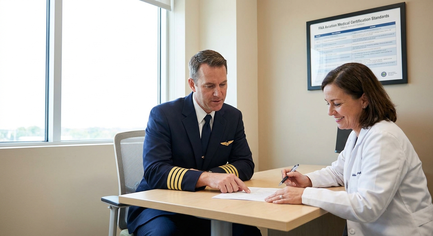 Commercial pilot consulting with aviation medical examiner in clinic office during HIMS medical certification review