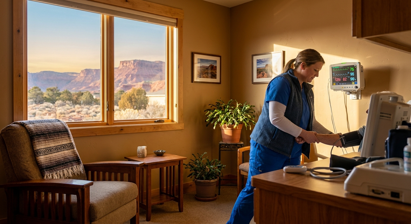 Medical monitoring equipment in a residential detox facility room with natural desert light and mountain views in St. George, Utah