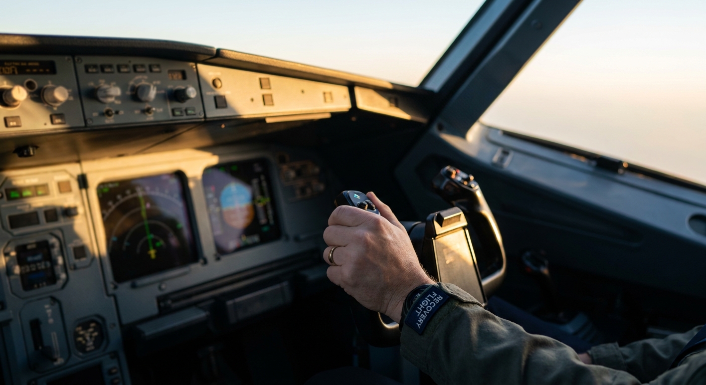 Pilot's hand on aircraft control yoke in cockpit with natural lighting, representing return to flying after HIMS program completion