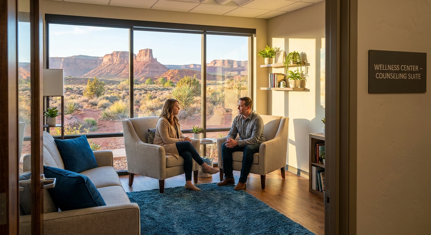 Therapist and client in a supportive counseling session at a St. George rehabilitation facility with natural desert light