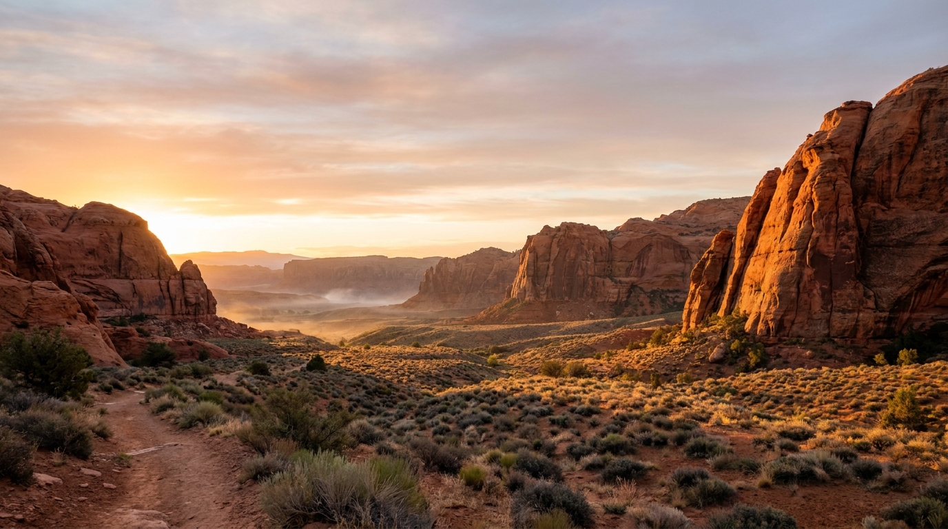 Sunrise over red rock cliffs and desert landscape near St. George, Utah