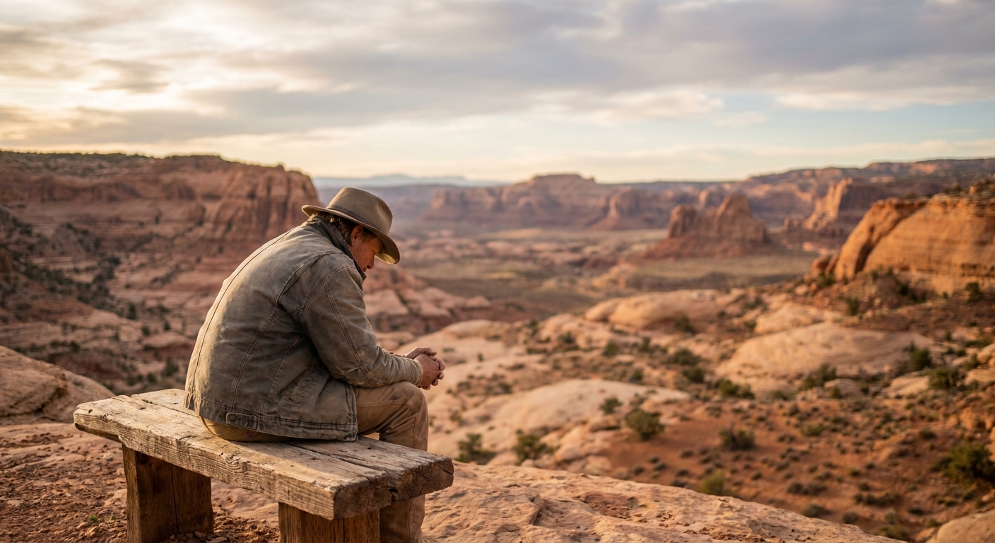 Person sitting alone on bench overlooking red rock desert landscape in contemplative pose during golden hour