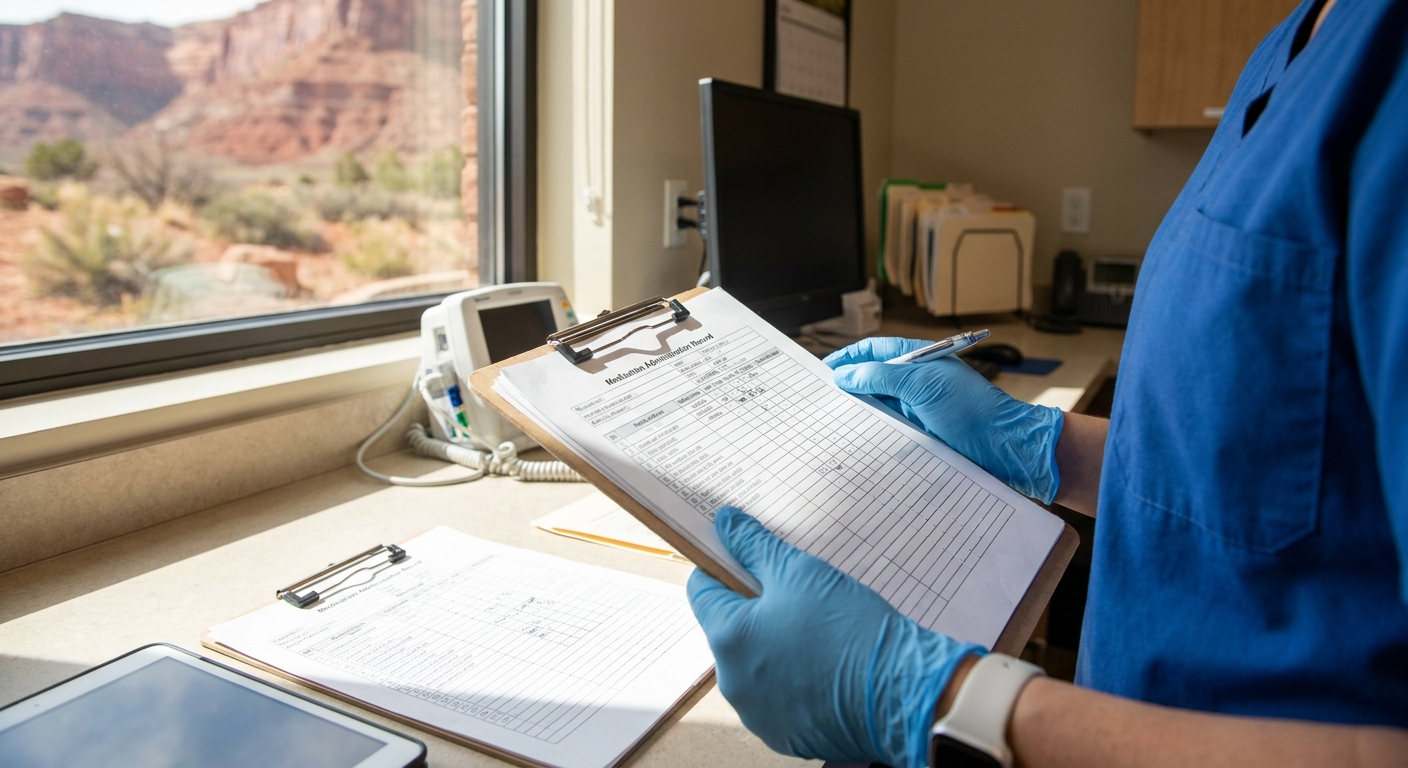 Medical professional reviewing patient medication chart at Lions Gate Rehab treatment facility in St. George