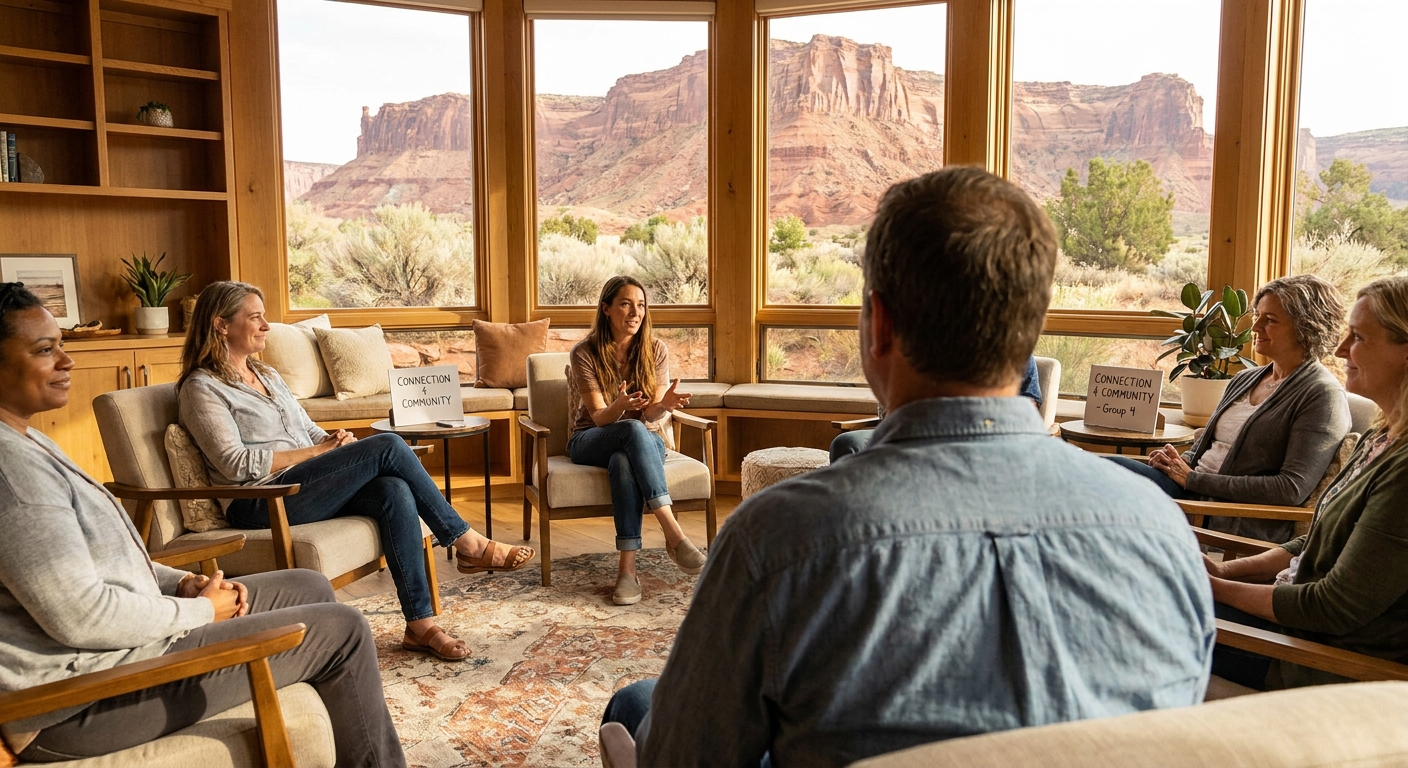 Group therapy session at Lions Gate Rehab in St. George, Utah, showing participants engaged in supportive circle discussion with natural light and desert landscape visible through windows