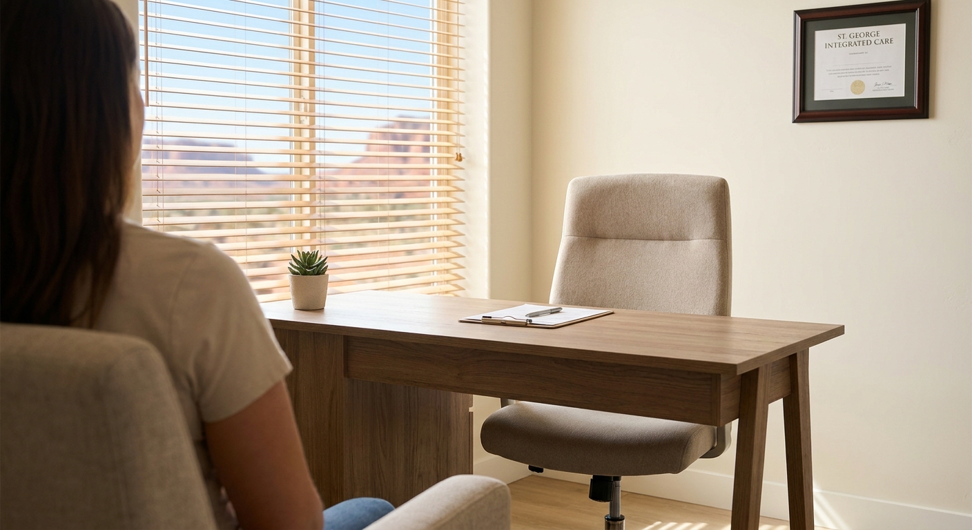 Empty patient chair facing provider's desk in a medication management consultation room at an addiction treatment center