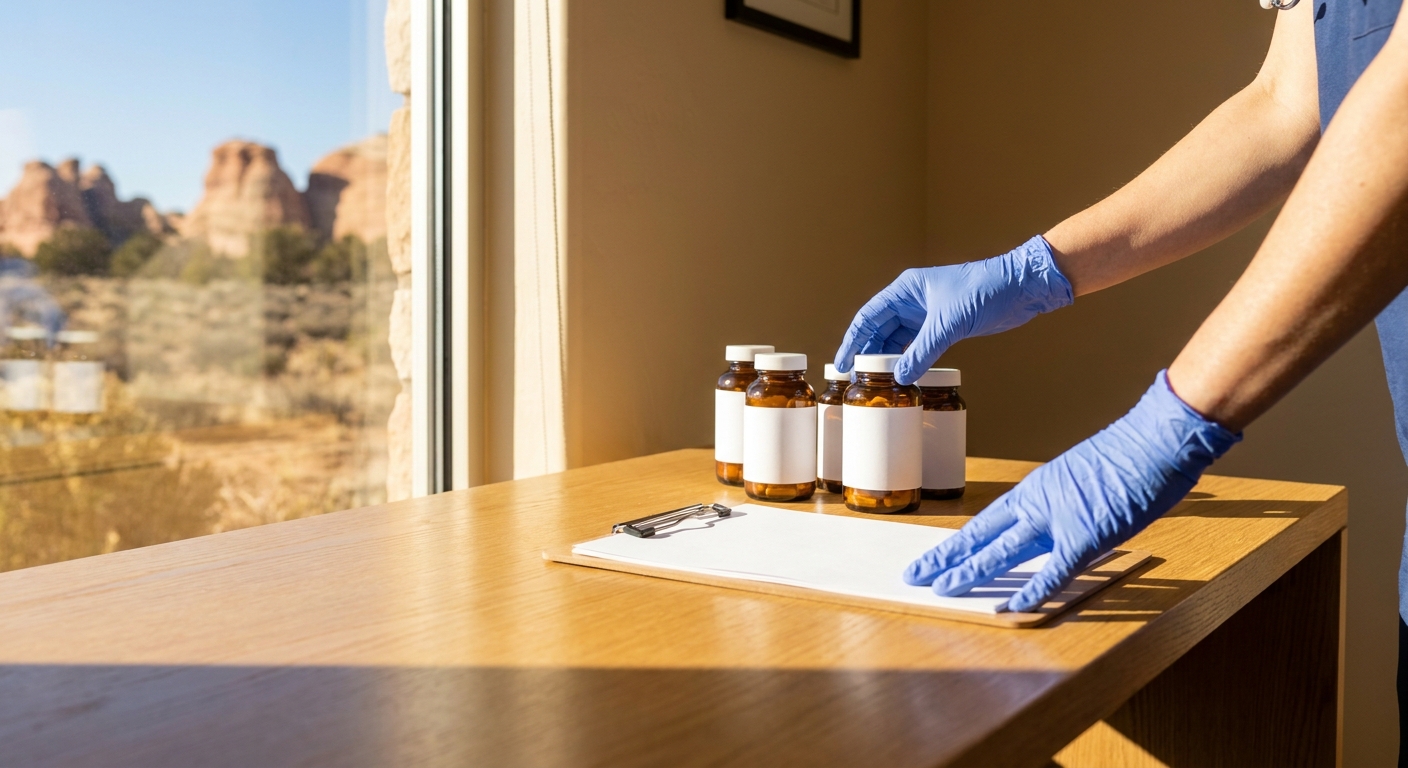 Medical professional organizing medication bottles and treatment notes in a sunny clinical office with Utah desert landscape visible through window