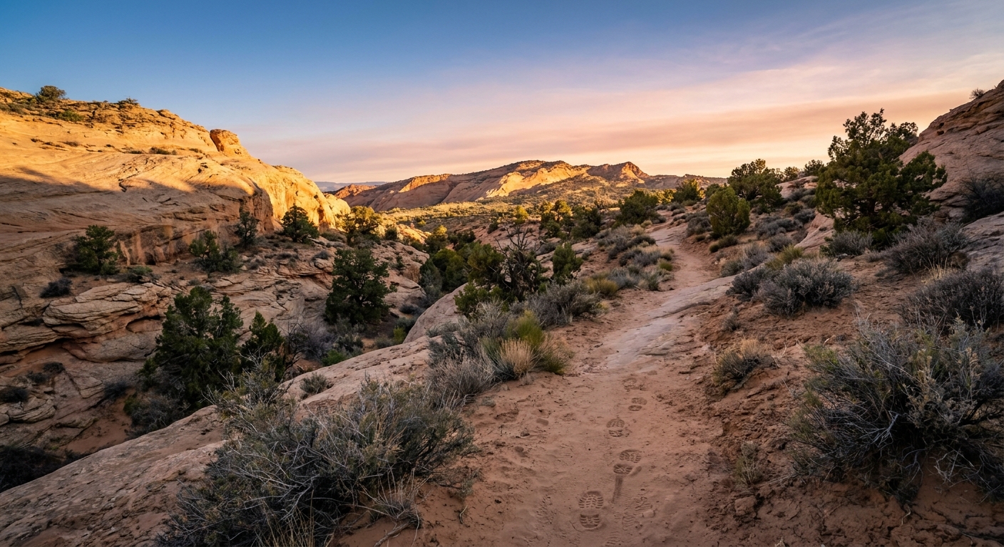 Desert hiking trail at sunrise in St. George Utah with single path of footprints leading upward through red rock landscape