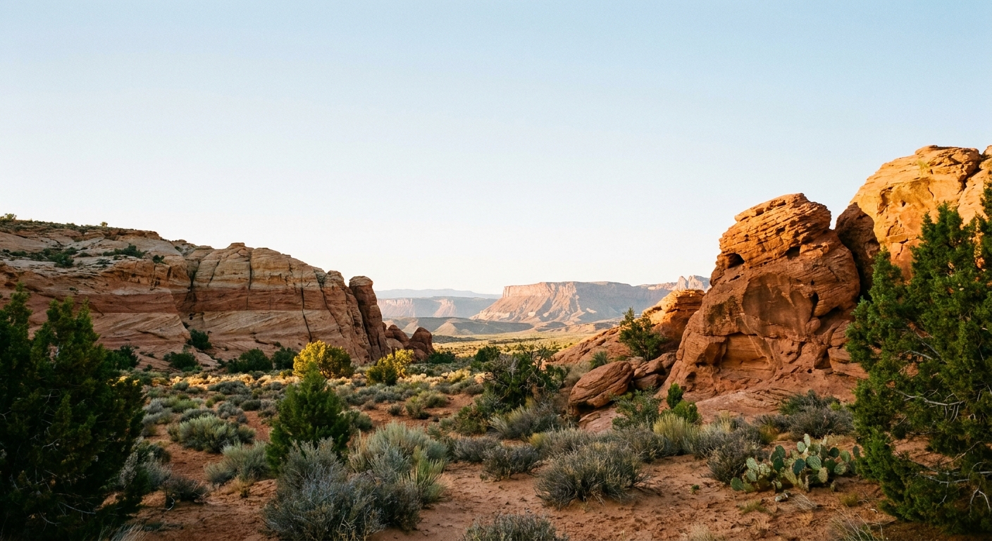 Red rock cliffs and desert landscape in Southern Utah near St. George during golden hour